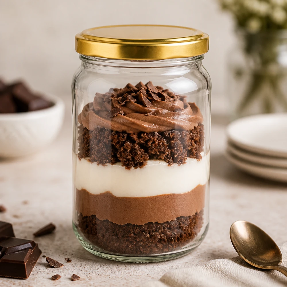 305 ml BasicSeal UNiTWIST rund guldburk fylld med chokladdessert - konserveringsburk för söta desserter och triflier