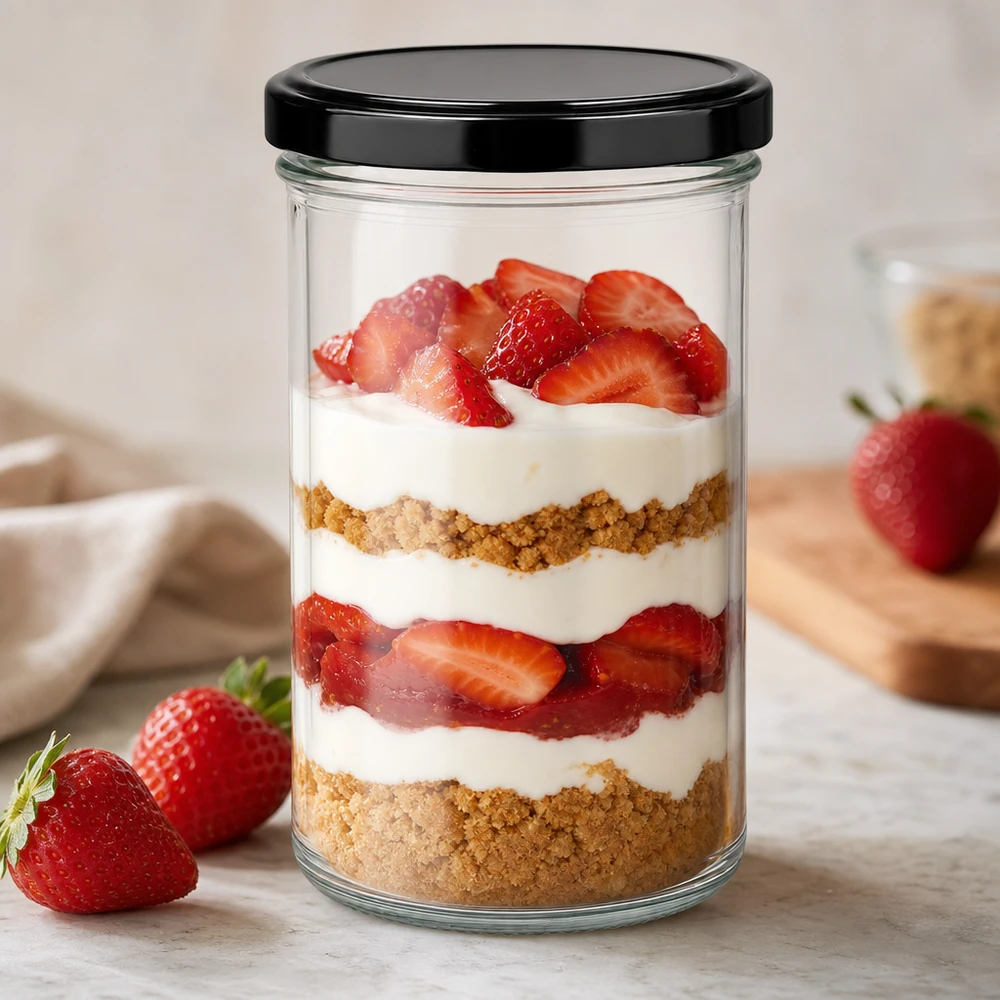Muggar 277 ml med lock BasicSeal svart UNiTWIST 277 ml glas som dessertburk för jordgubbstigramisu med BasicSeal-lock svart dessert i lager i burk