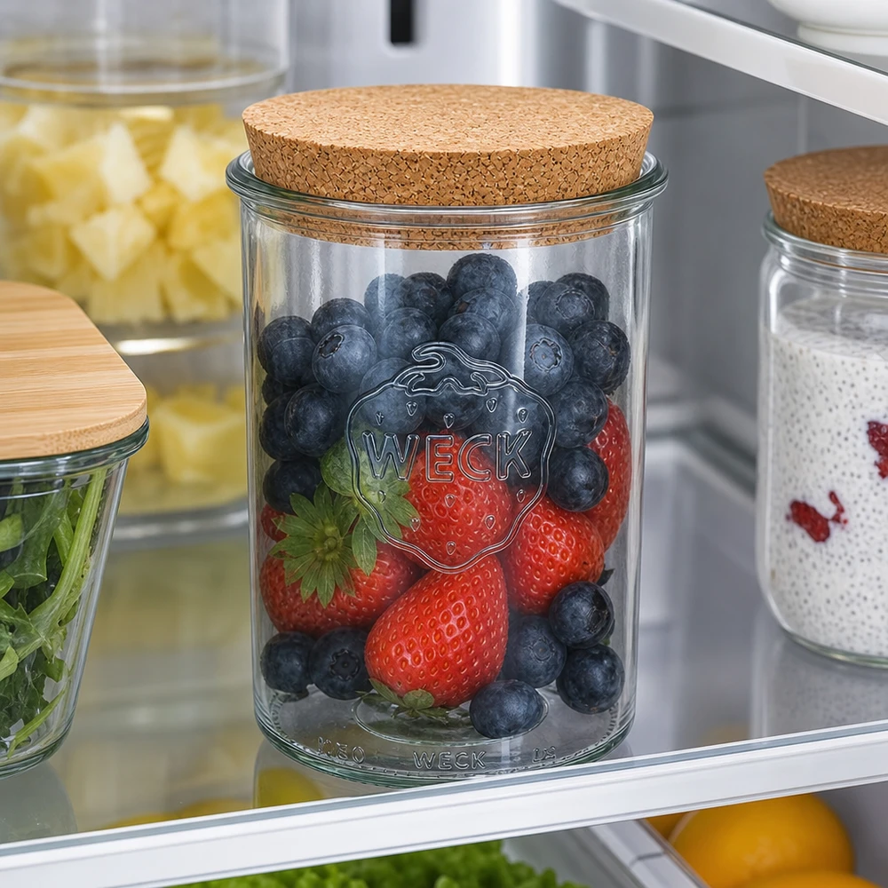 1000ml Krossade glasögon WECK RR100 med naturkork WECK Sturzglas 1000ml RR100 mit Korkdeckel im Kühlschrank gefüllt mit frischen Beeren stylische Aufbewahrung Vorratsglas