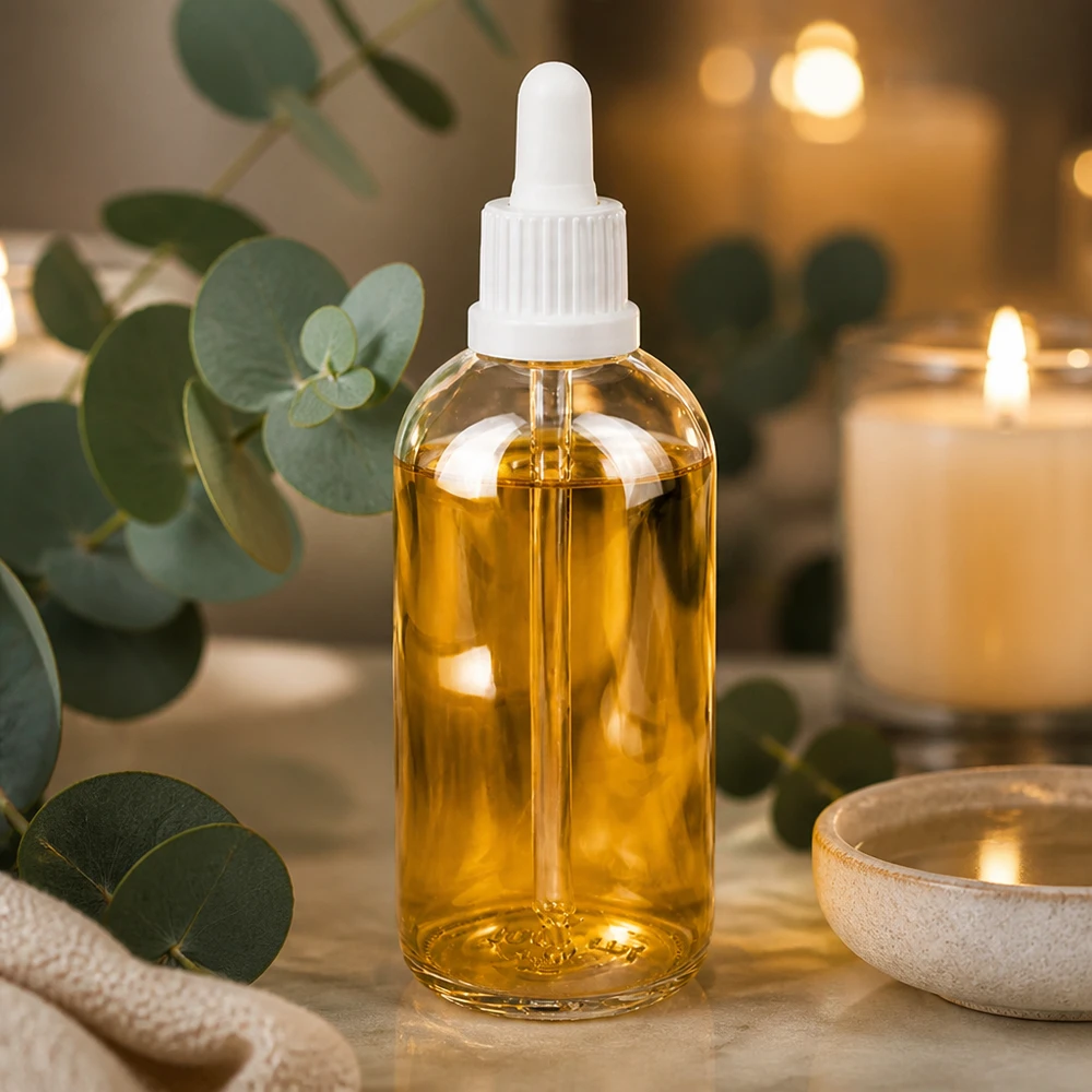 100 ml pipettflaska vit med säkerhetsförslutning ClearLine UT18/100 Genomskinlig 100 ml pipettflaska av typen ClearLine med vit pipett på marmor med eukalyptus