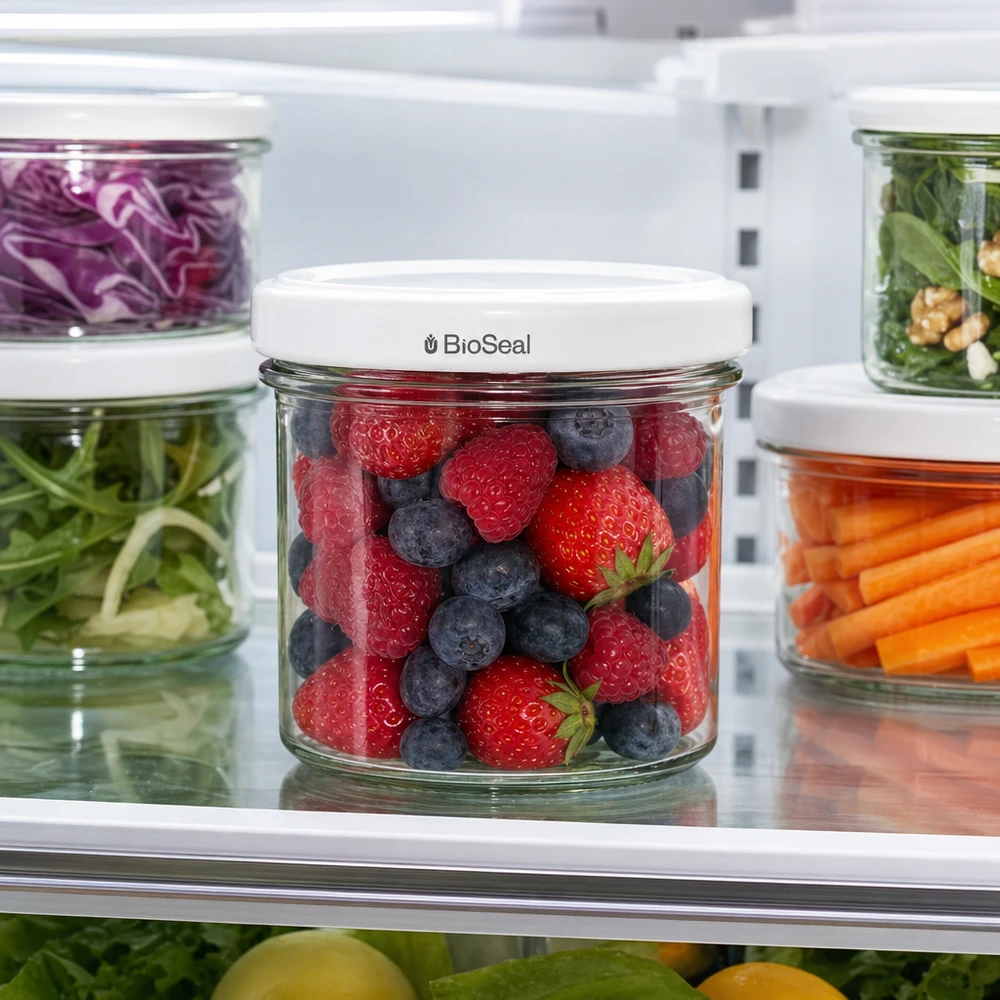 125 ml Krossade glasögon med vitt UNiTWIST BioSeal-lock UNiTWIST glas 125ml bär jordgubbar blåbär kylskåp färska TO66 BioSeal vit lockburk
