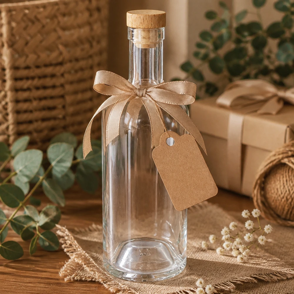 750 ml glasflaska Emma med kork med trähandtag UNiTWIST® 750 ml Emma-glasflaska i presentförpackning med beige rosett och etikett i en naturlig dekorativ miljö