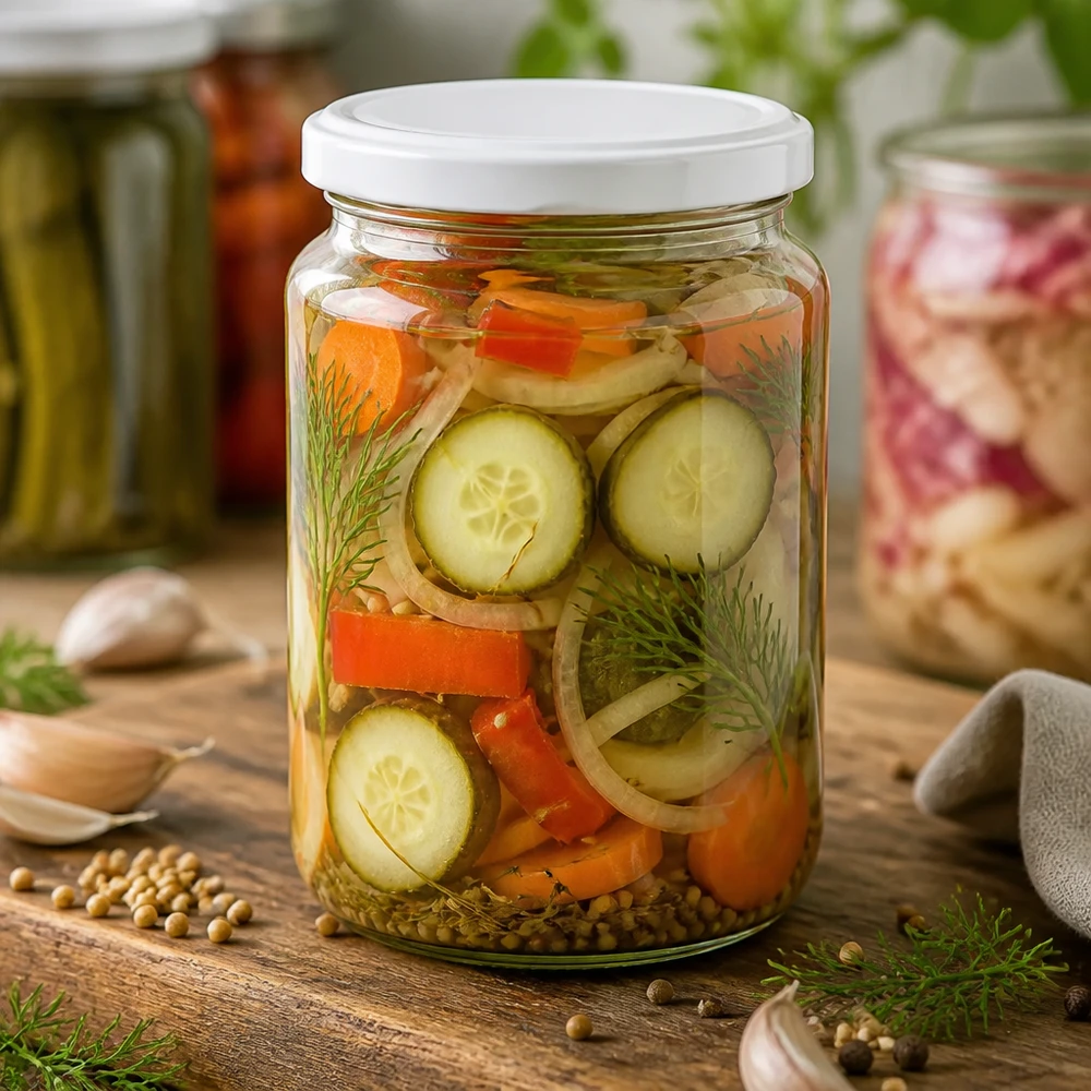 795 ml rund burk med BasicSeal-lock vit UNiTWIST 795ml Rundglas gefüllt mit eingelegtem Gemüse zeigt praktische Verwendung für Konservierung und Meal Prep