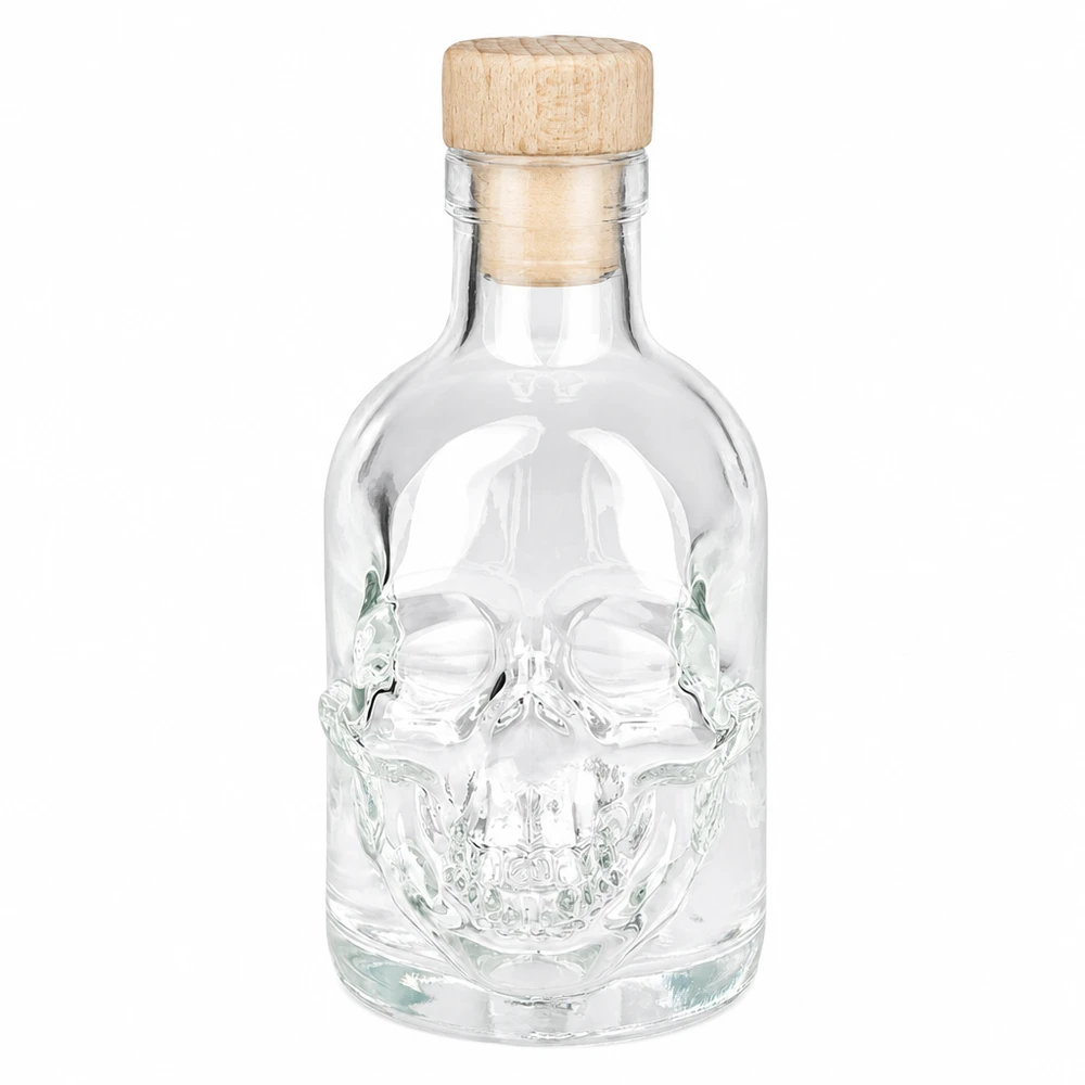 200 ml glasflaska Jack med kork med trähandtag UNiTWIST® 200 ml Jack-glasflaska med dödskallemotiv och träkork, tom spritflaska med skruvkork