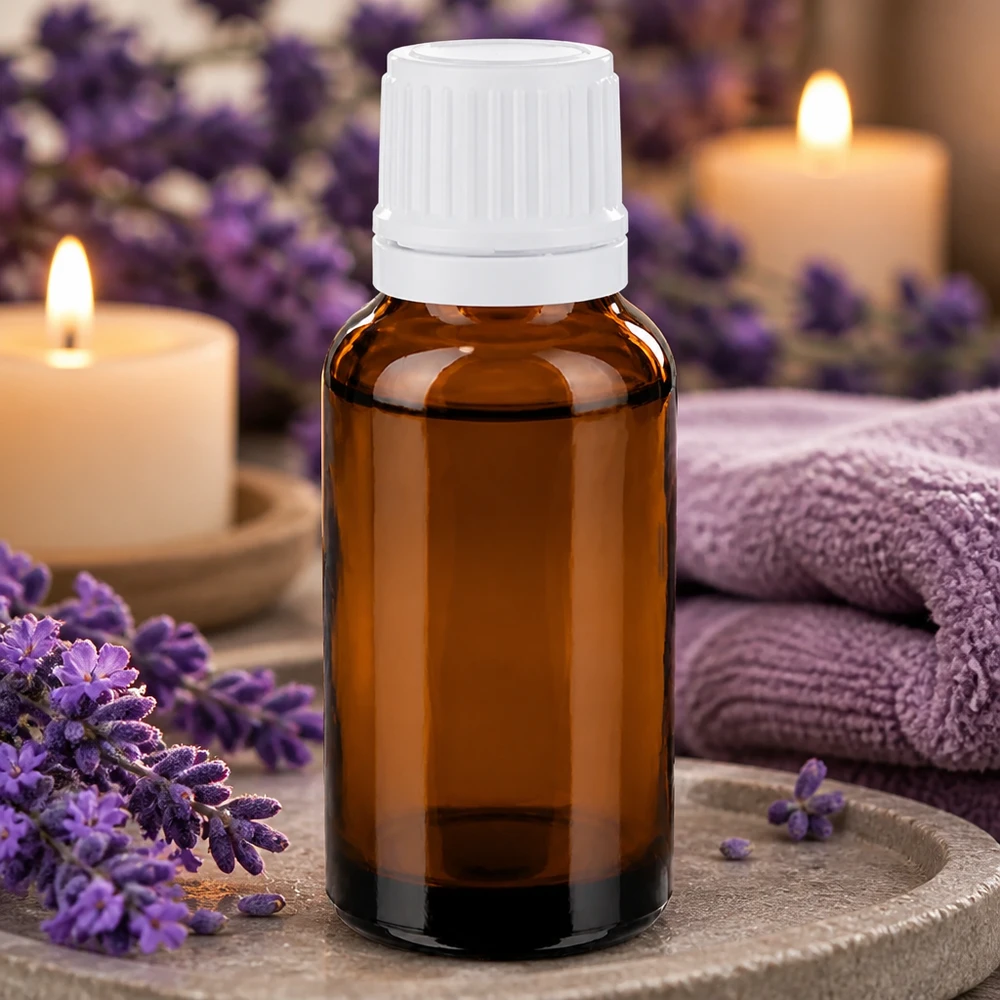 Liten 20 ml droppflaska i brunt glas med vit originalförslutning för eteriska oljor