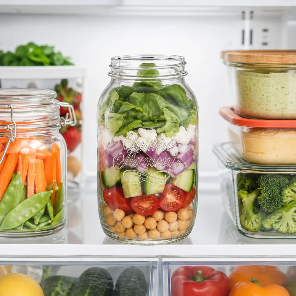 1500ml runt glas "Quattro Stagioni" QS86mm 1500 ml Quattro Stagioni hushållsburk fylld med lagrad sallad i kylskåpet bredvid andra förvaringsburkar med grönsaker