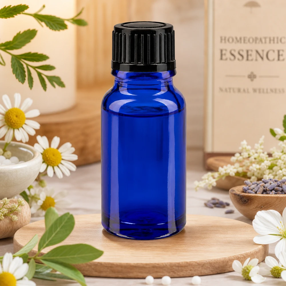 Apoteksflaska blå 10ml dropplock 1mm svart standard Homeopatiska essenser, flaska på 10 ml i blått apotekerglas med en droppöppning på 1 mm
