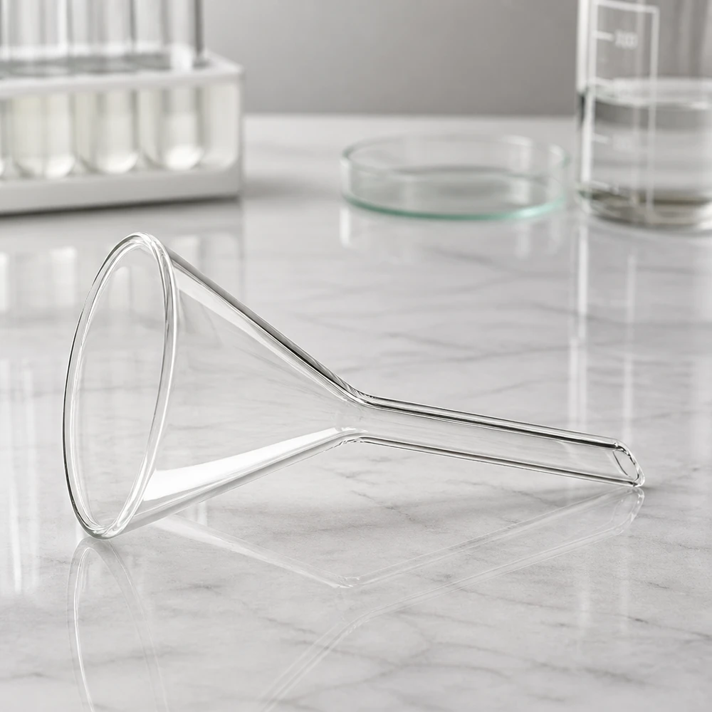 Tratt ø55mm sodakalk, vinkel 60°, kort modell Glastratt med 55 mm diameter tillverkad av högkvalitativt sodakalkglas med optimerad 60 graders vinkel