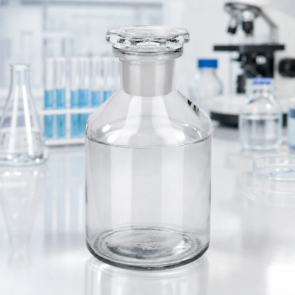 Steep neck-flaska 50ml klar glaspropp med smal hals Flaska med brant bröst 50 ml, smal hals, genomskinlig, på ett vitt laboratoriebord med ett mikroskop i bakgrunden