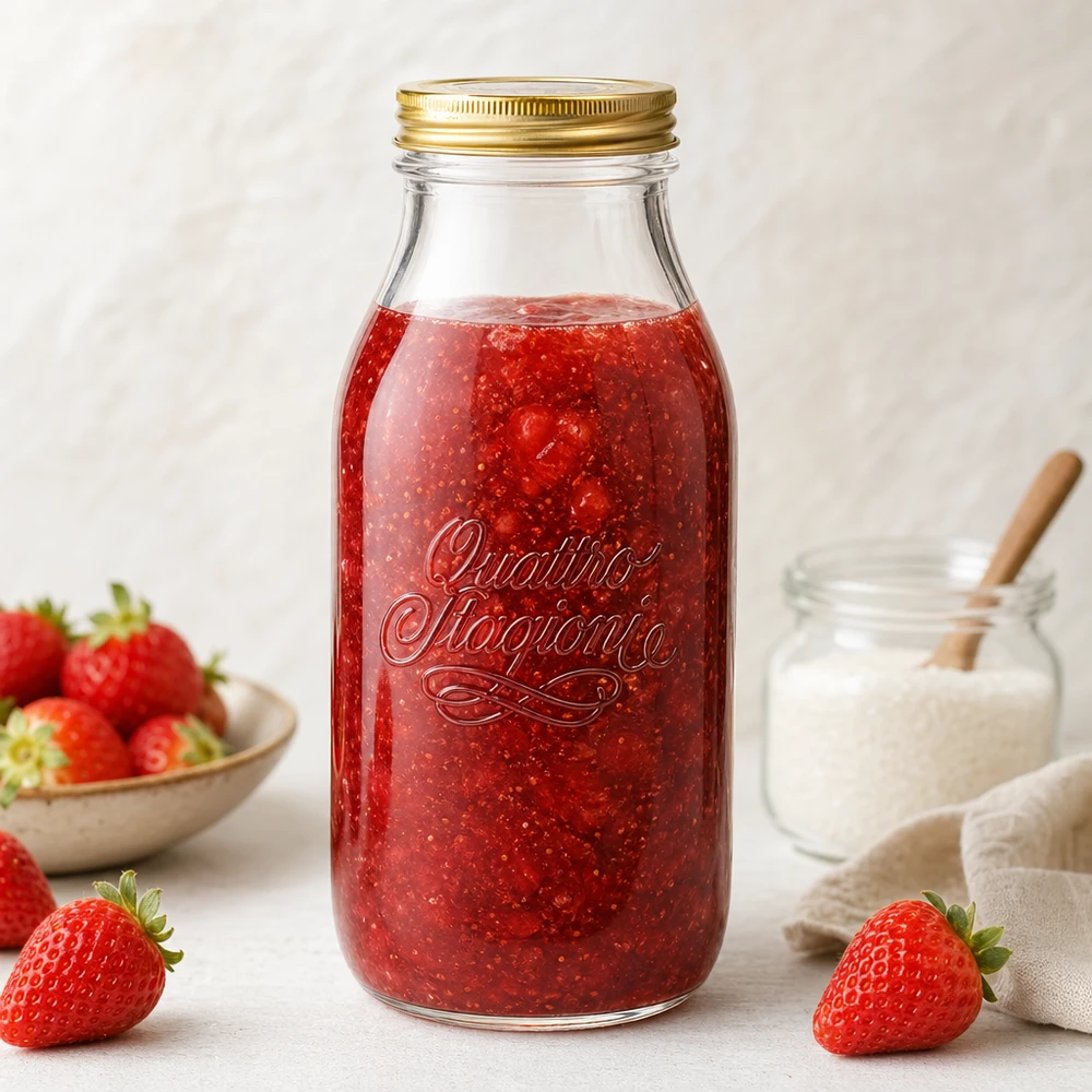 1000ml glasflaska "Quattro Stagioni" med lock Quattro Stagioni 1000 ml glasflaska fylld med jordgubbssylt, omgiven av färska jordgubbar och mjölkglas