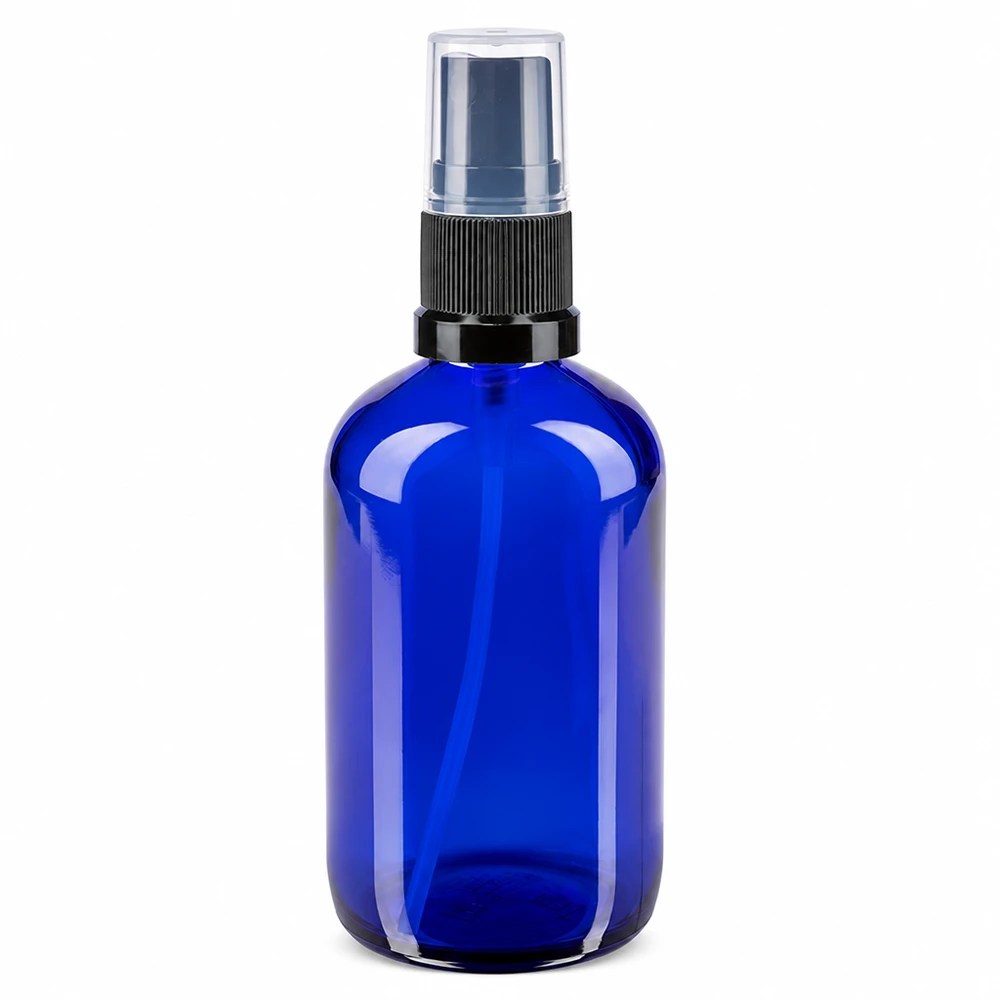 Apoteksflaska blå 100ml spray topp svart 100 ml blå glasflaska med sprayhuvud i svart och genomskinligt skyddslock av apotekerglas