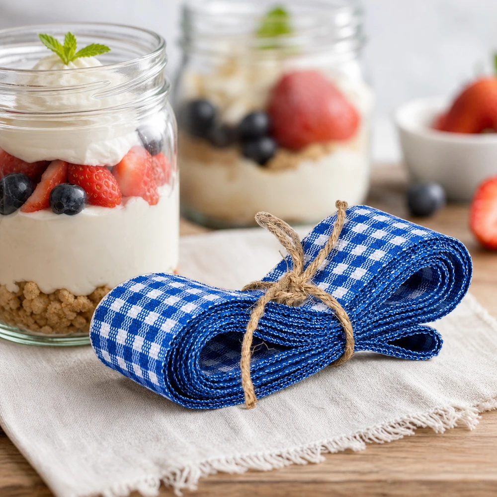 Blå- och vitrutigt tygband 300 cm, dekorativt knutet bredvid dessertglas med yoghurt och bär