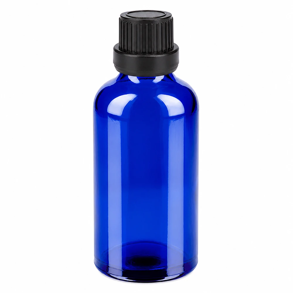 50 ml flaska 11mm skruvkork svart med säkerhetsförslutning BlueLine UT18/50 Blå 50 ml glasflaska med svart skruvlock för eteriska oljor och kosmetika