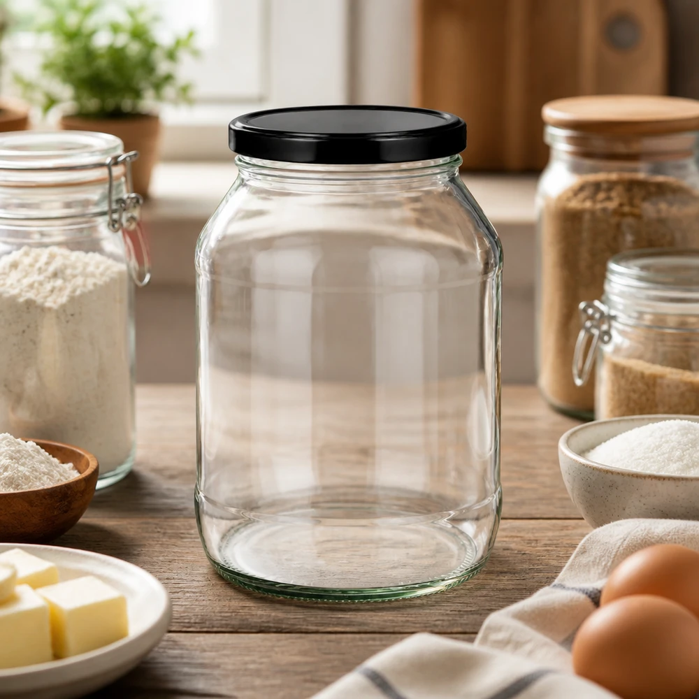 2650 ml rund burk med svart BasicSeal-lock i köksmiljö mellan förvaringsburkar och bakingredienser