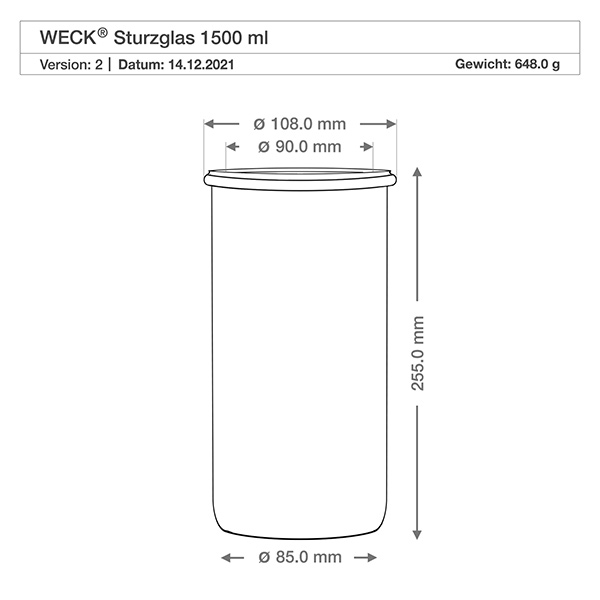 1500ml Krossade glasögon WECK RR100 med bokträkula Teknisk ritning WECK tumlare 1500ml RR100 med mått, diameter 108mm, höjd 255mm, vikt 648g