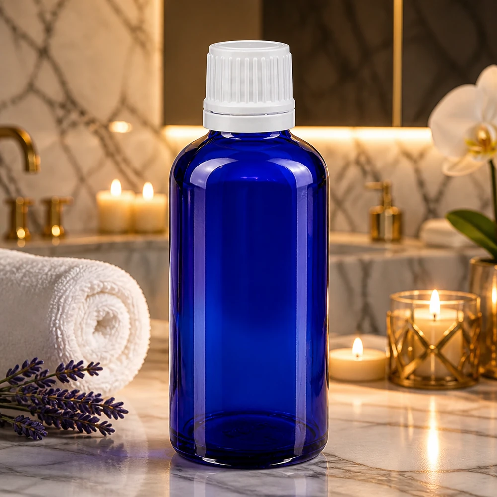 Apoteksflaska blå 50ml skruvkork vit manipulationsskyddad förslutning Blå glasflaska på 50 ml med vitt barnsäkert lock i ett lyxigt badrum
