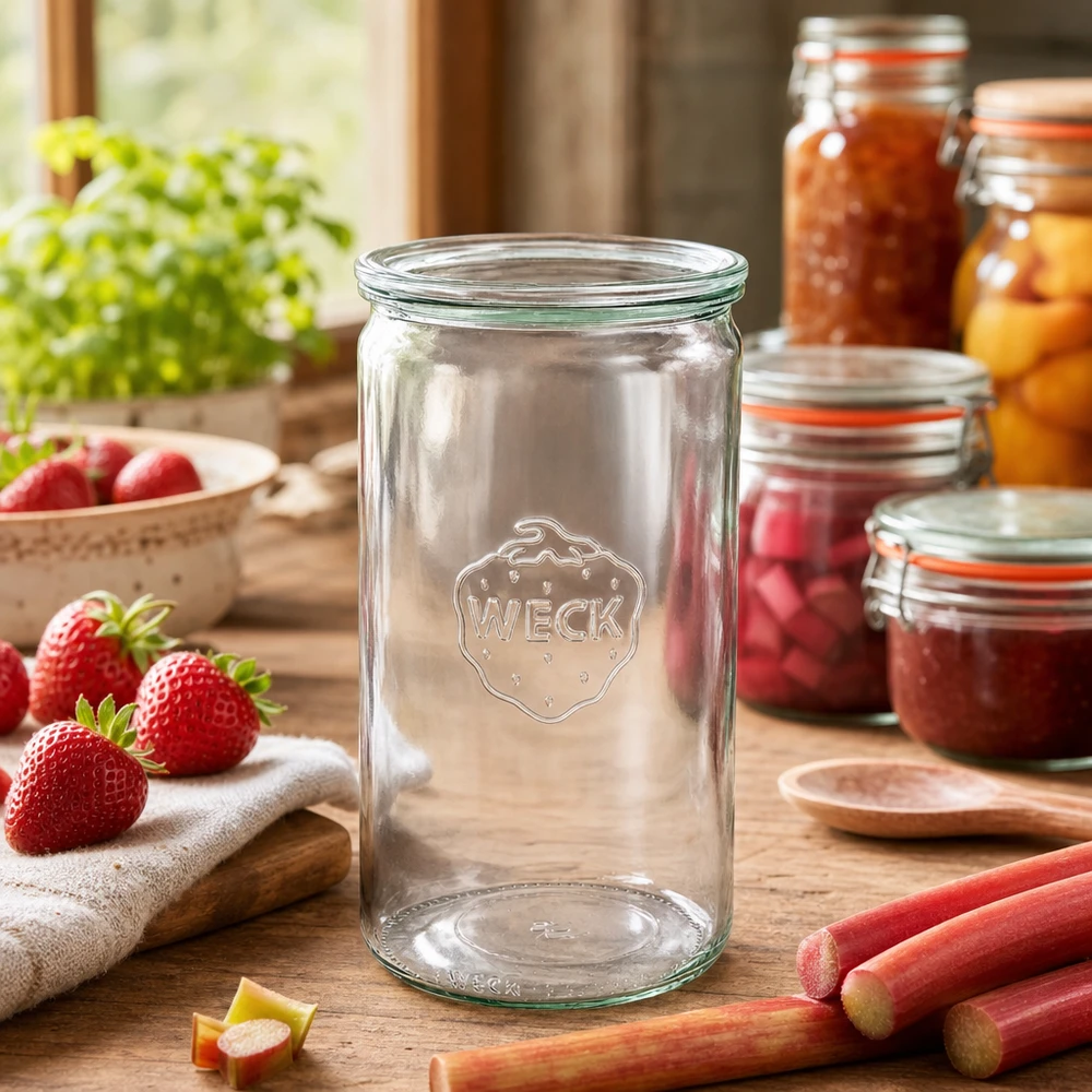 1590ml cylinderburk med glaslock WECK RR100 WECK konserveringsburk 1590ml i rustikt kök med syltburkar jordgubbar rabarber matlagningstillbehör glaslock