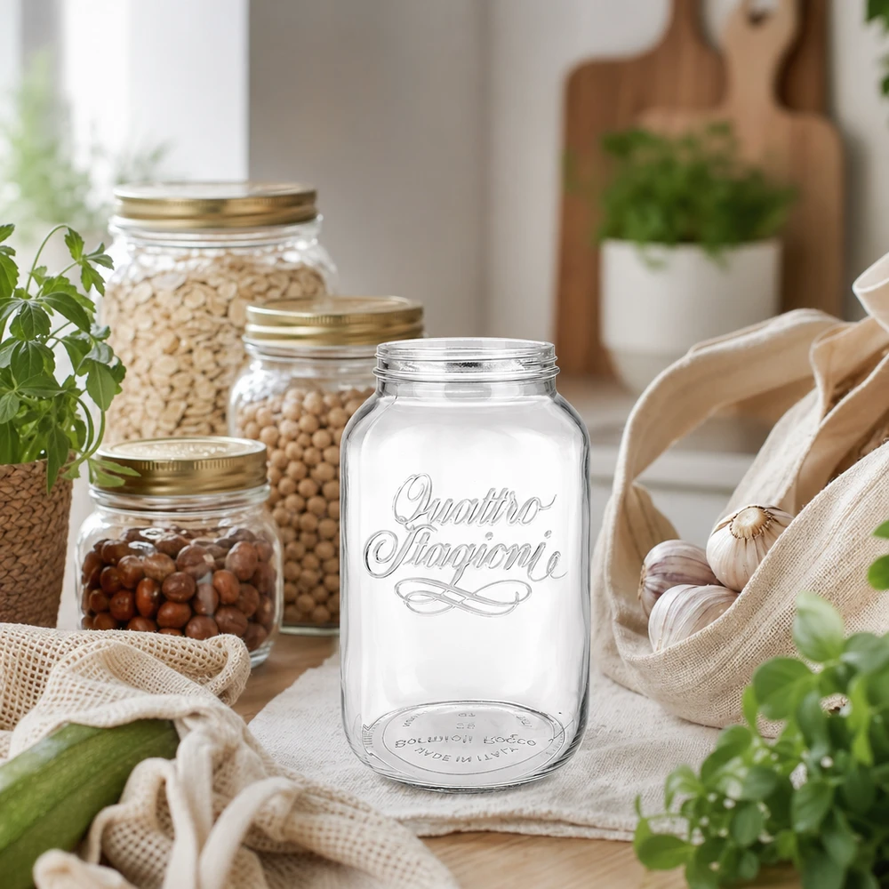 3800ml runt glas "Quattro Stagioni" QS110mm Quattro Stagioni hushållsburk 3800ml för förvaring av mat i ett rustikt kök med förvaringsburkar