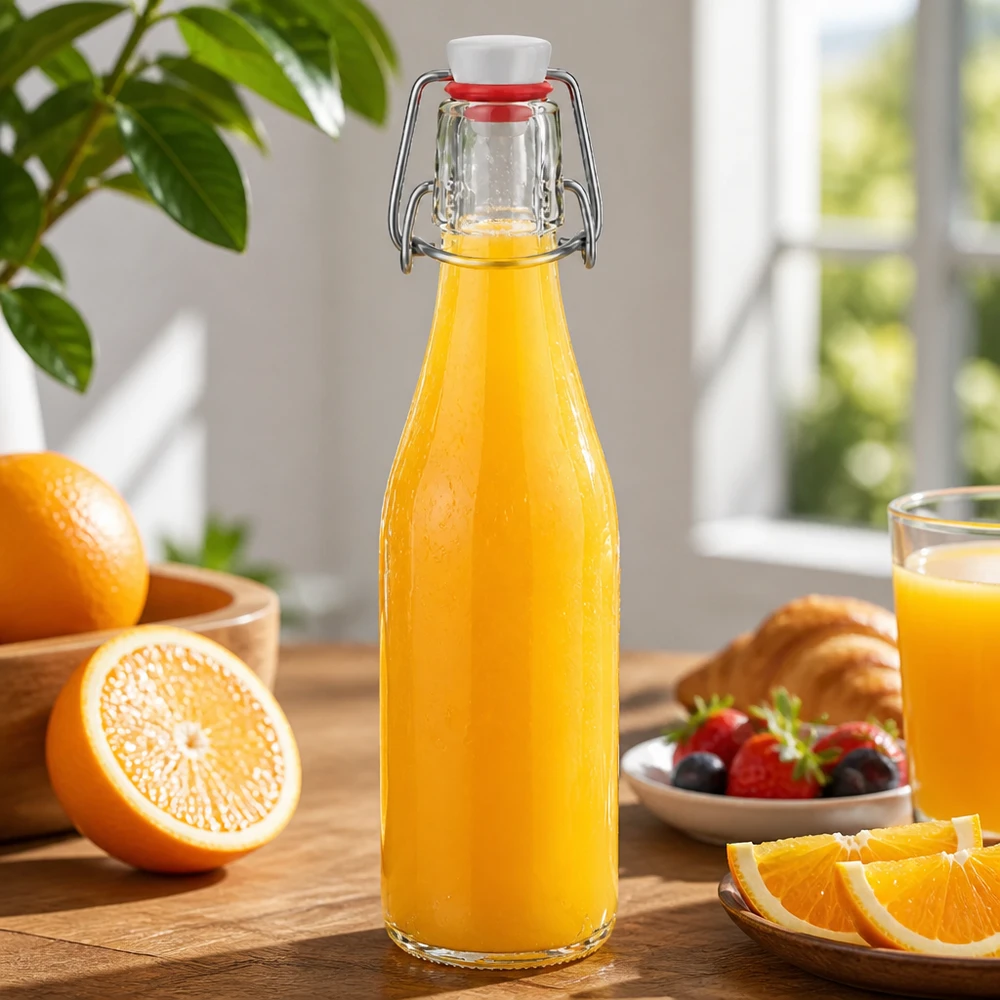 250 ml glasflaska + svängbart lock PVC UNiTWIST 250 ml glasflaska med svängbar topp fylld med apelsinjuice, dekorativ köksscen med färska apelsiner och bär