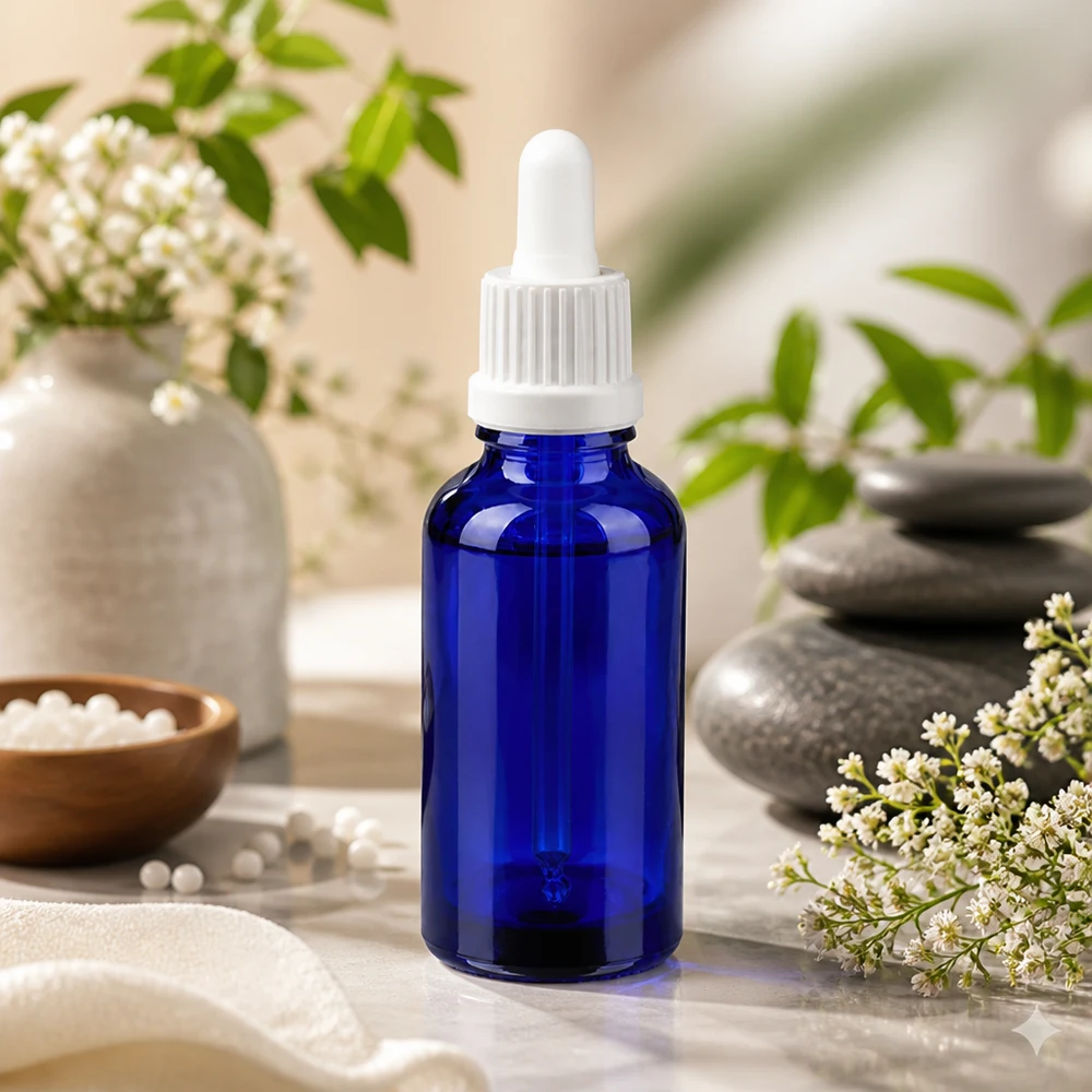30 ml pipettflaska vit med säkerhetsförslutning BlueLine UT18/30 30 ml BlueLine pipettflaska UT18 med vitt lock för kosmetiska applikationer och serum