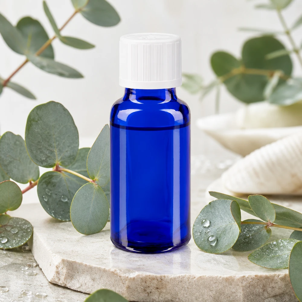 20 ml blå apoteksflaska med vitt barnsäkert lock på natursten med eukalyptusgrenar