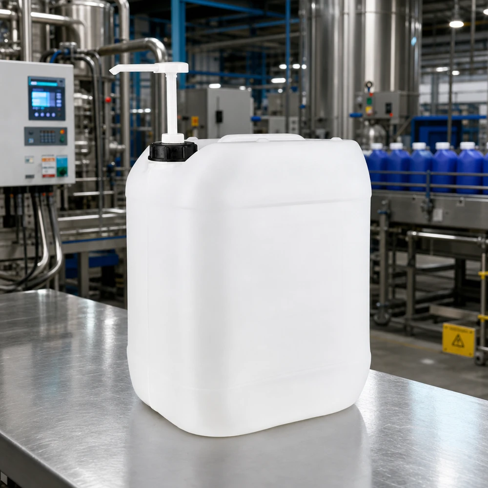 Dunk 20 liter med doseringspump Genomskinlig industrikanister på 20 liter med pumpdoserare i en modern tappningsanläggning
