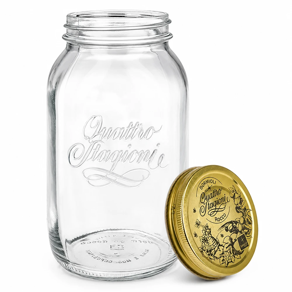 Quattro Stagioni 1500ml konserveringsburk med separat guldlock detaljvy italiensk konserveringsburk