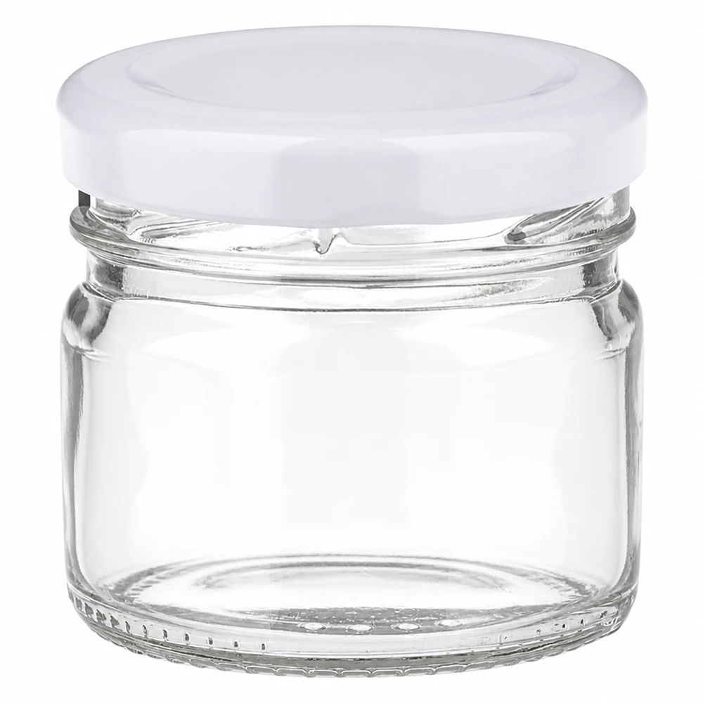 33 ml rund glasburk + BasicSeal-lock, vitt, UNiTWIST 33 ml rund glasburk med vitt BasicSeal-lock från UNiTWIST, tom och genomskinlig
