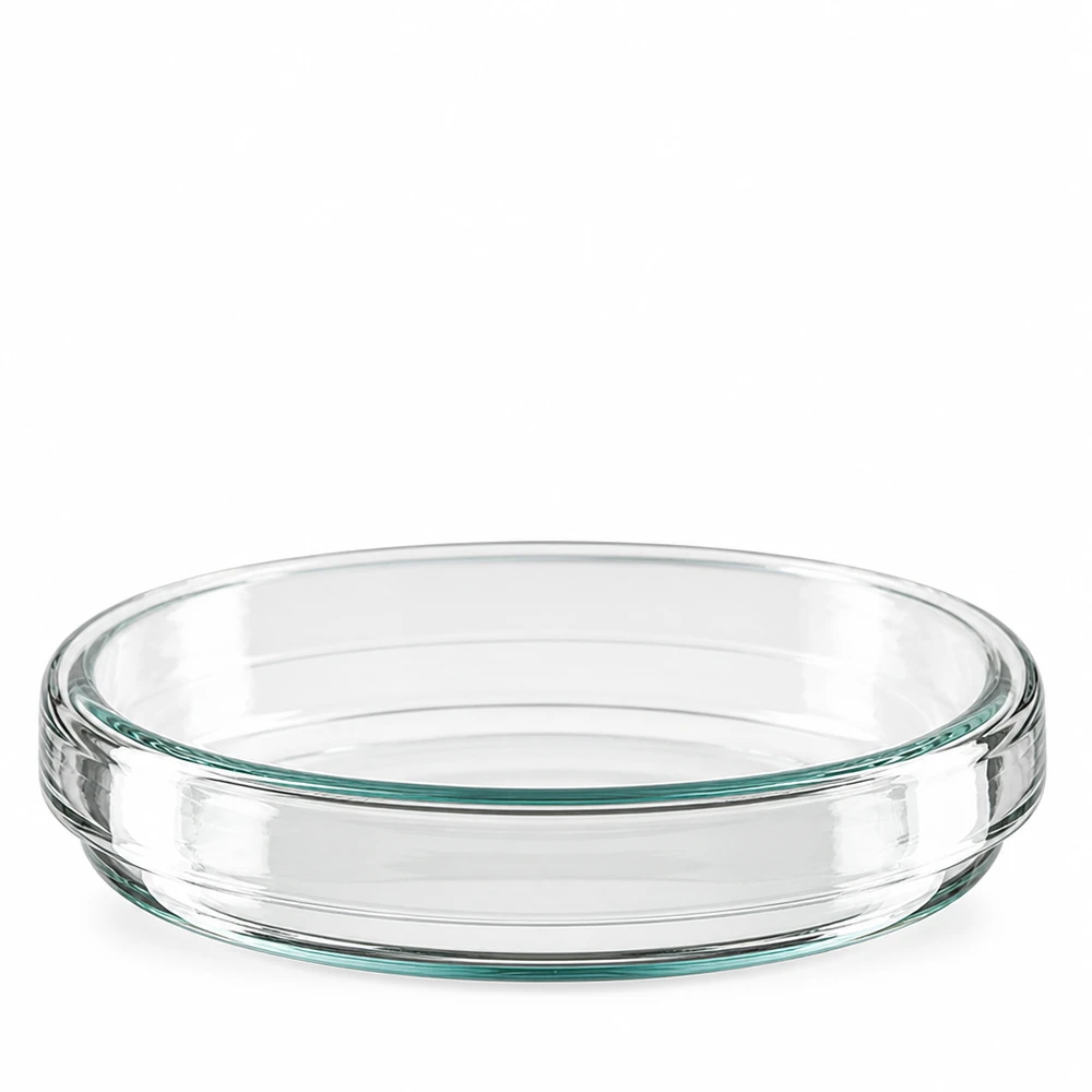 Enstaka petriskålar av glas, 80 x 15 mm, fotograferade uppifrån och från sidan mot vit bakgrund