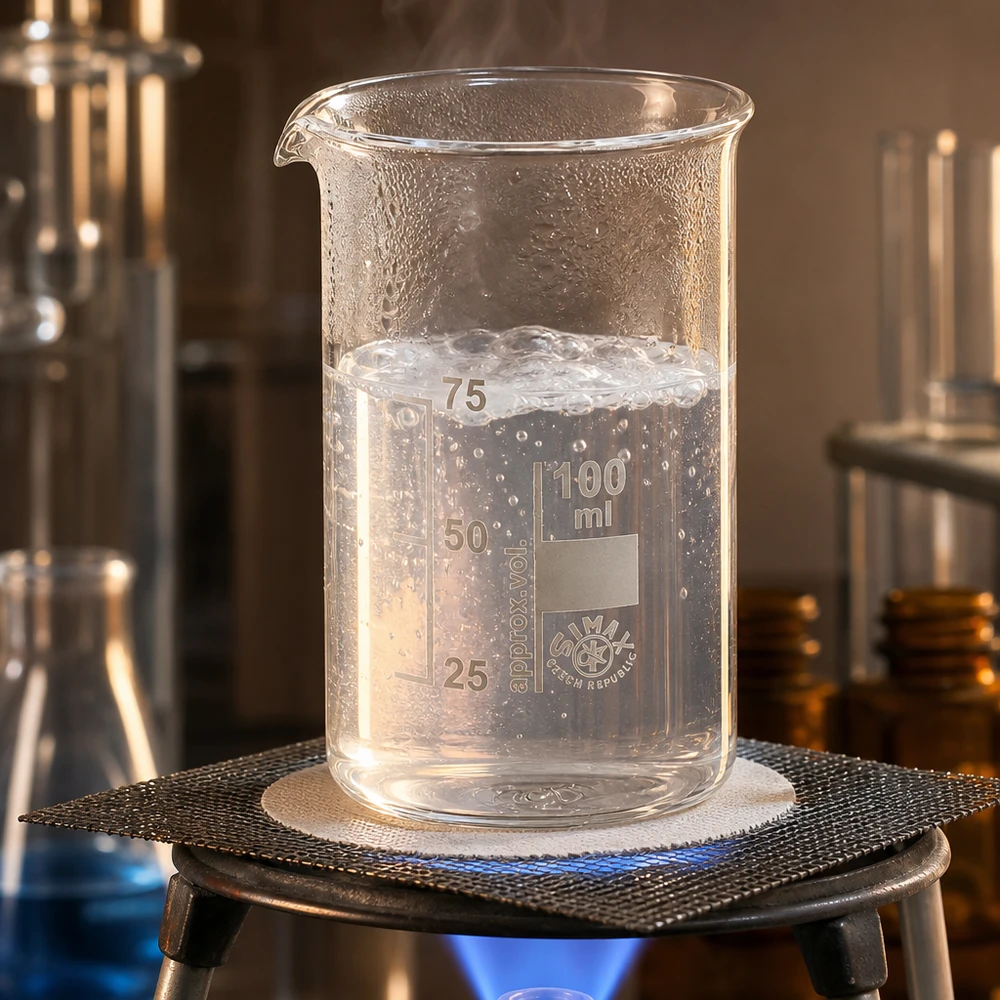 Kokande vatten i en 100 ml hög borosilikatglasbehållare på en gasbrännare med trådnät