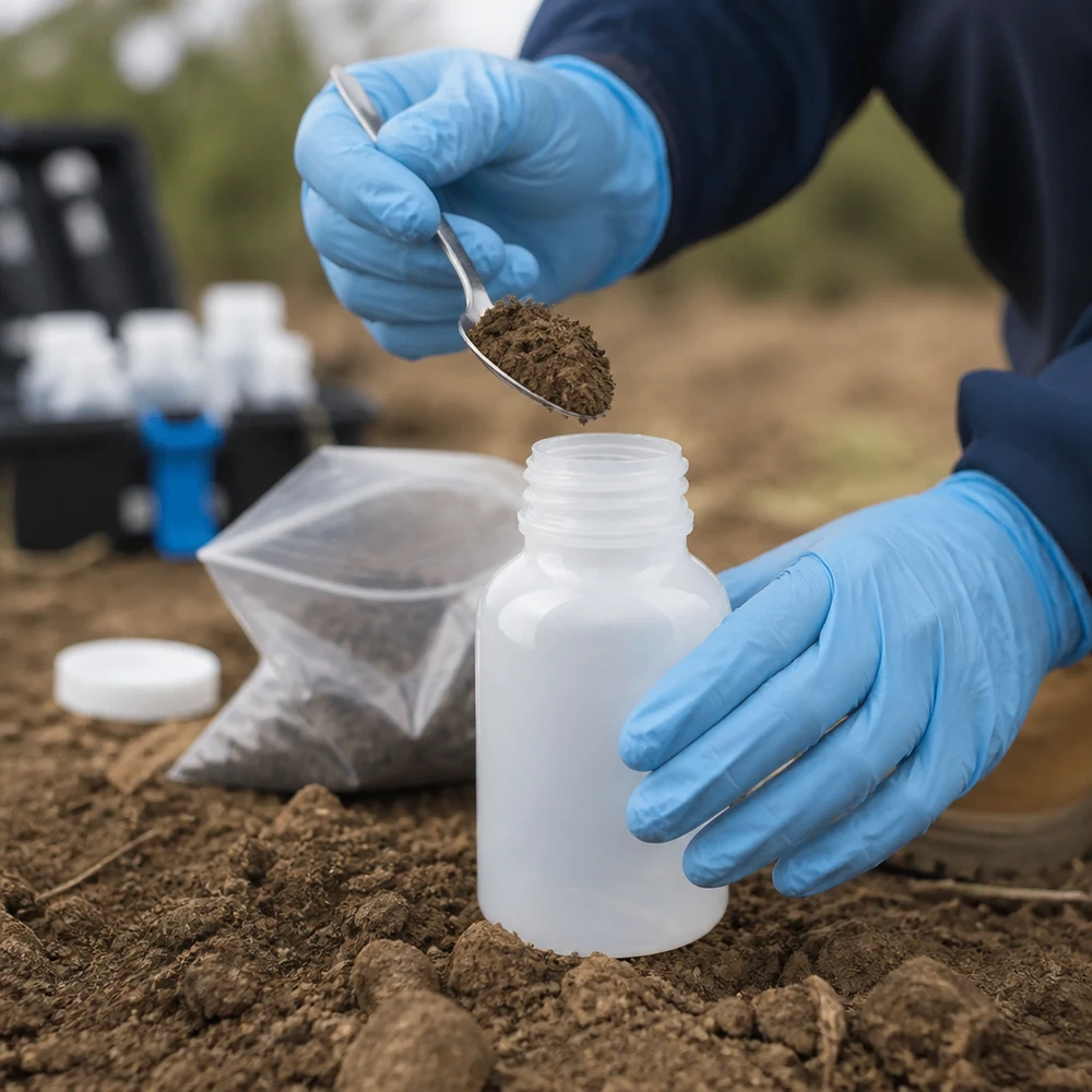 Provtagning i fält med en 100 ml laboratorieflaska med vid hals, tillverkad av tålig plast, för markanalyser
