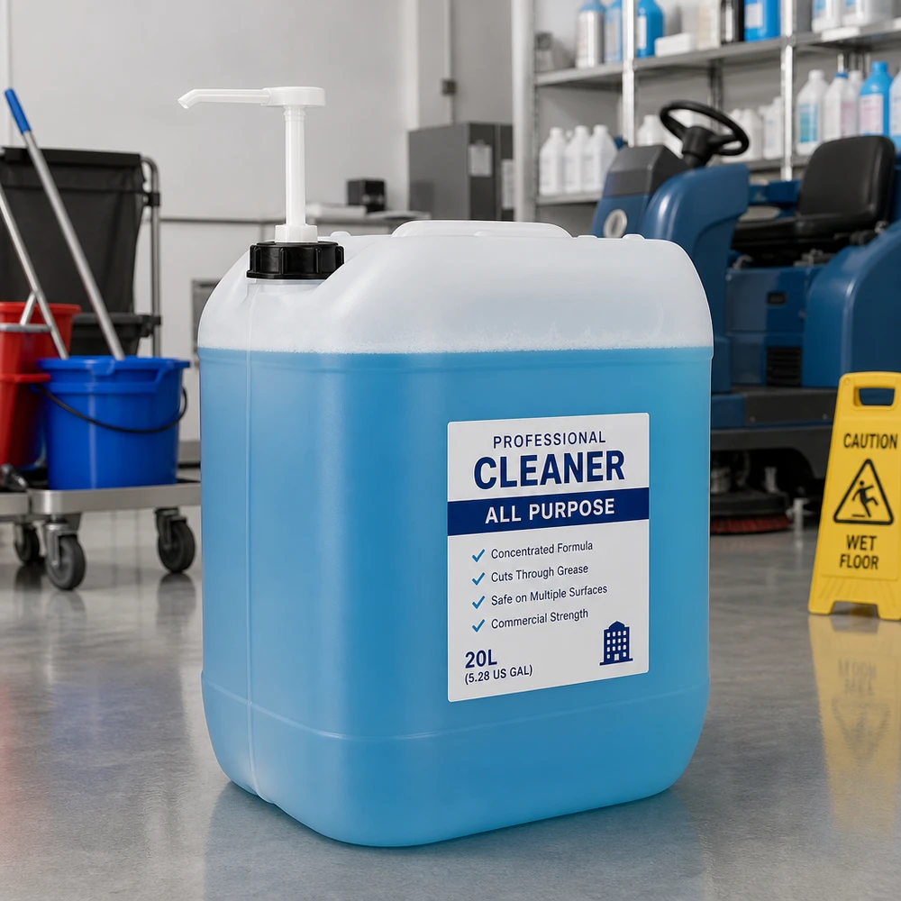 Dunk 20 liter med doseringspump Blå rengöringsmedelsbehållare på 20 liter med doseringspump i en professionell städmiljö