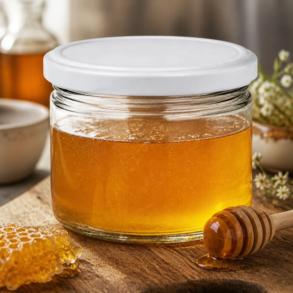 540ml rund burk med BasicSeal-lock vit UNiTWIST 540ml Rundglas BasicSeal weiß gefüllt mit goldenem Honig neben Bienenwabe - hochwertiges Glas für Imkerei-Produkte