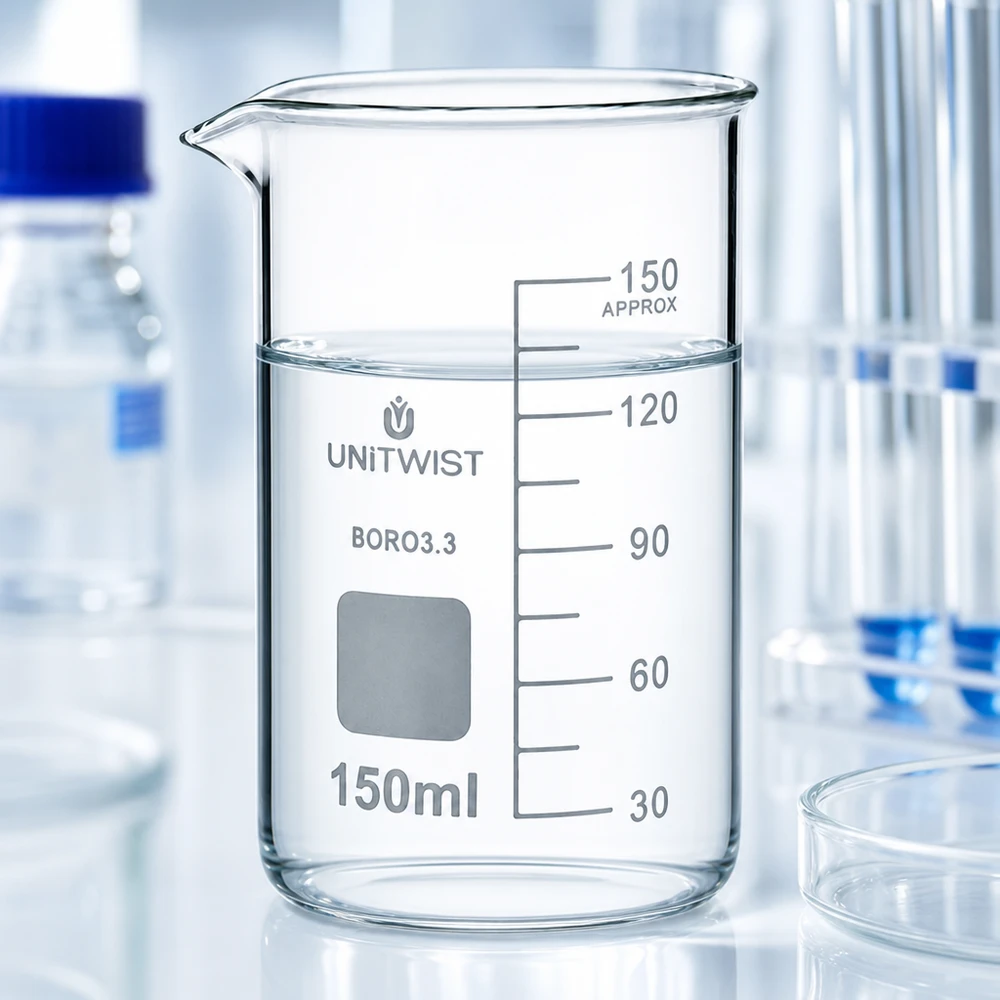 UNITWIST Mätglas 150 ml, hög modell, borosilikatglas 3.3, med tydlig milliliterskala på vit bakgrund