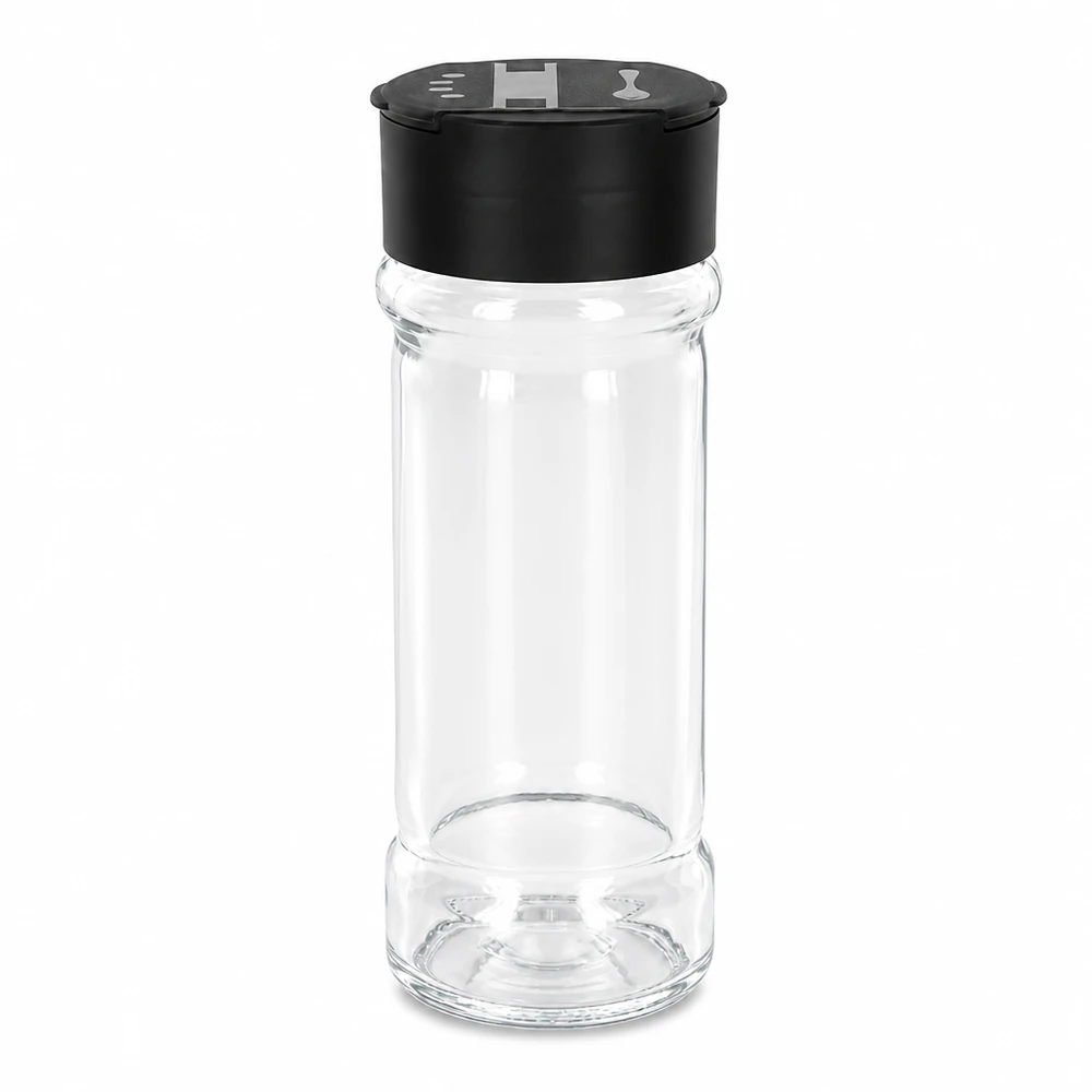 Salt- och kryddburk 100 ml med dubbel ströare, svart Genomskinligt salt- och kryddglas, 100 ml, med svängbart lock med dubbla ströare i svart