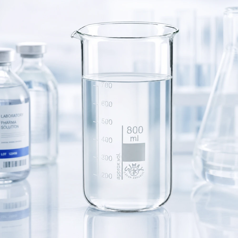 Bägare, 800 ml, hög modell av transparent borosilikatglas, fylld med klar vätska upp till 650 ml