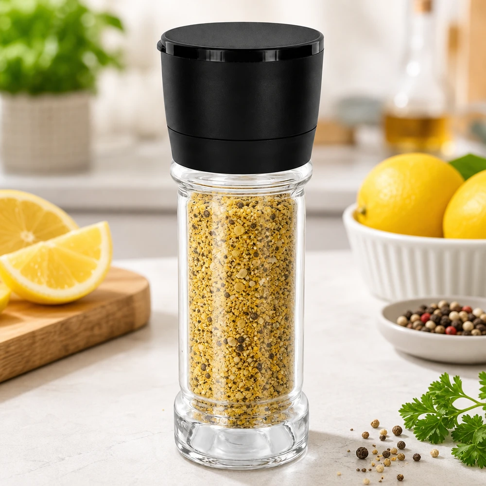 Kryddburk med citronpeppar, 100 ml, med svart Vario-kvarn framför färska citroner