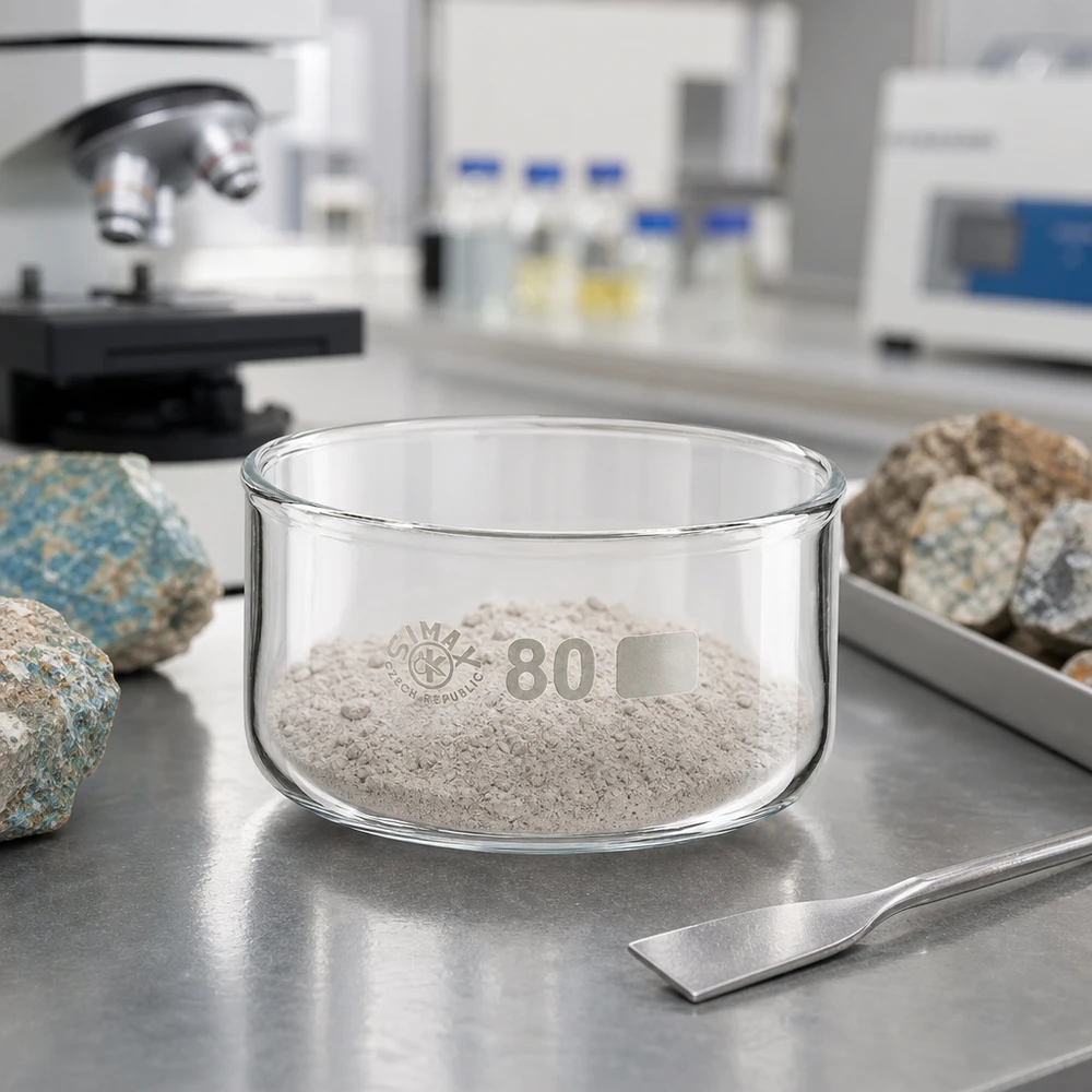 150ml kristalliseringsskål utan pip borosilikat ø80mm Gråvitt mineralpulver i SIMAX-kristalliseringsskål, 150 ml, borosilikatglas, laboratorieutförande, ø80 mm