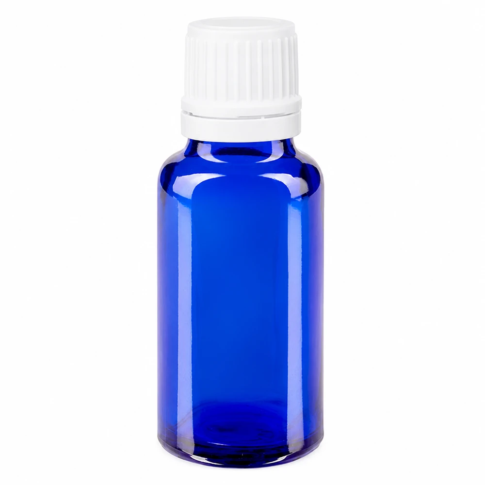 Apoteksflaska blå 20ml skruvkork vit med säkerhetsförslutning 20 ml blå apoteksflaska i glas med vitt skruvlock (11 mm) för läkemedel och kosmetika