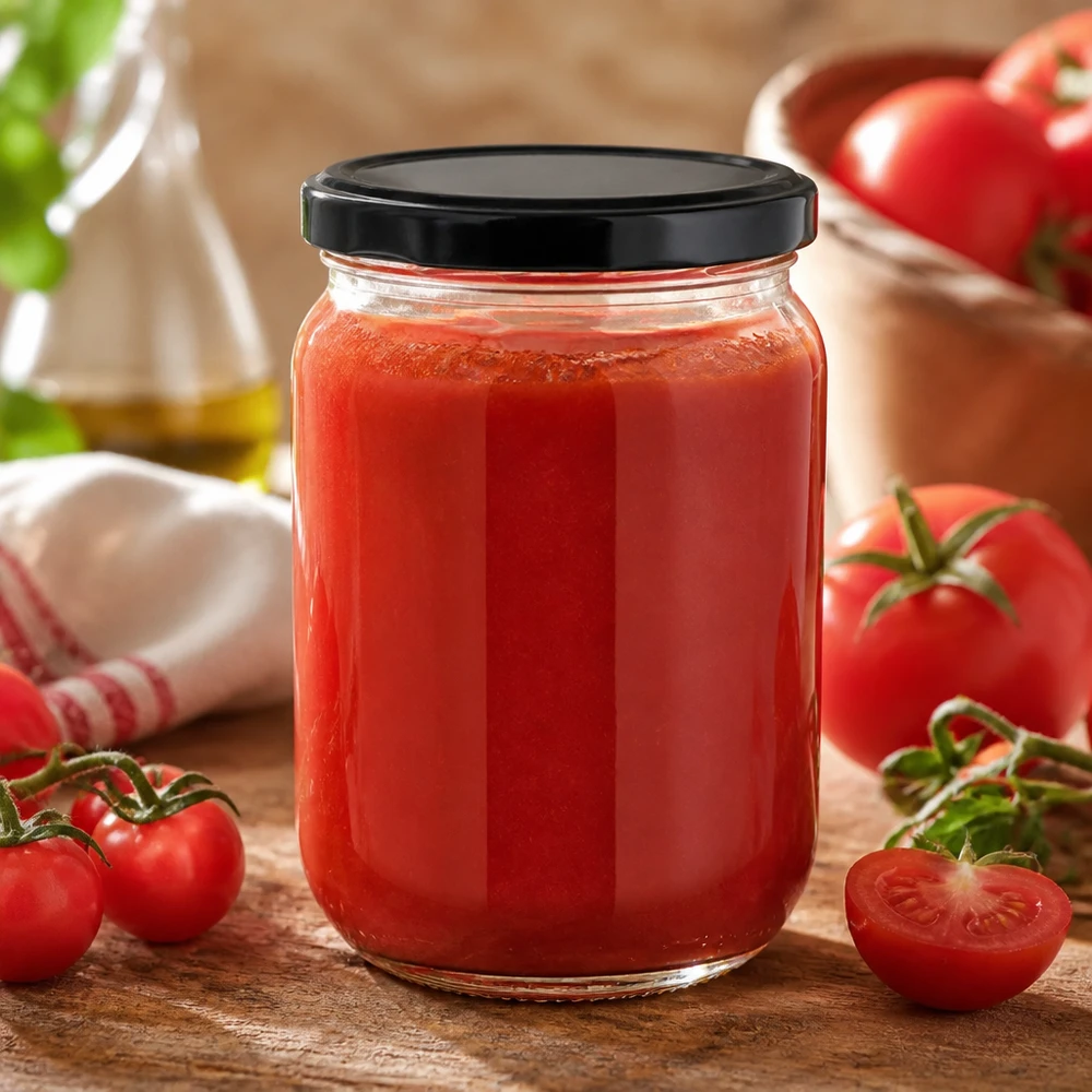 555 ml runt glas + BasicSeal-lock, svart, UNiTWIST 555 ml rund glasburk av typen UniTwist med svart BasicSeal-lock, fylld med hemlagad tomatsås