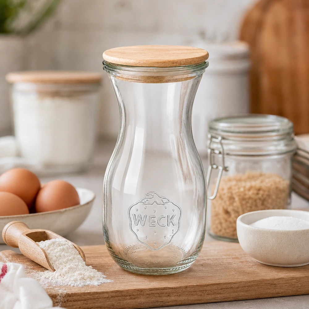 290ml saftflaska Edition RR60 med trälock WECK juiceflaska 290 ml med trälock på köksbräda mellan bakingredienser, mjöl, ägg och förvaringsburkar