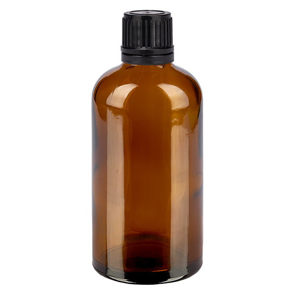 100ml flaska 11mm skruvkork svart med manipulationsskydd BrunL. UT18/100