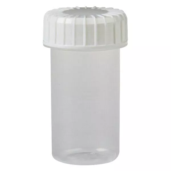 Transparent skruvlocksburk 20 ml med räfflat svart lock Transparent skruvlocksburk 20 ml med räfflat svart lock