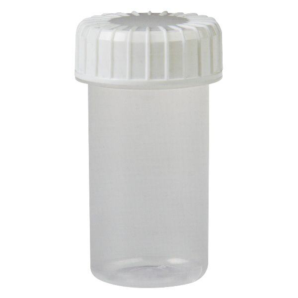 Transparent skruvlocksburk 20 ml med räfflat svart lock Transparent skruvlocksburk 20 ml med räfflat svart lock