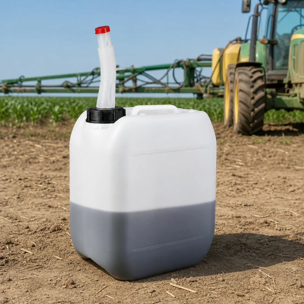 5-liters dunk med flexibelt utloppsrör 5-liters jordbruksdunk med flexibelt utloppsrör bredvid en John Deere-traktor med fältspruta