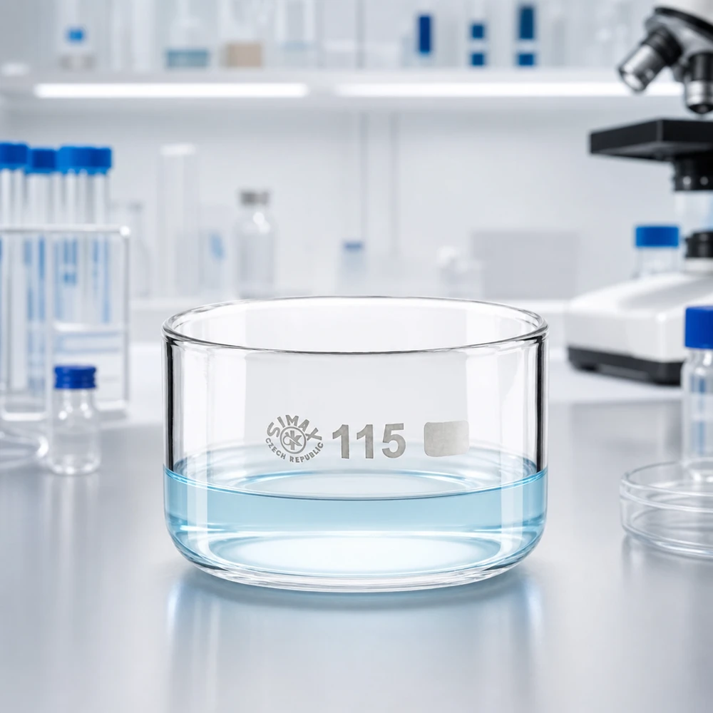 SIMAX-kristalliseringsskål på 500 ml, fylld med klart vatten, framför ett mikroskop i ett modernt laboratorium