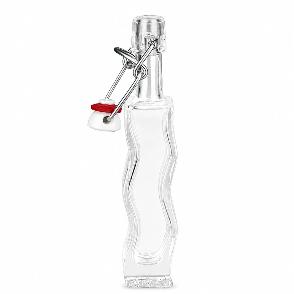 40 ml Glasflaska Fila med PVC-klämförslutning UNiTWIST® 40 ml Anna-glasflaska med röd gummitätning på svängproppen, detaljerad sidovy av den böjda formen