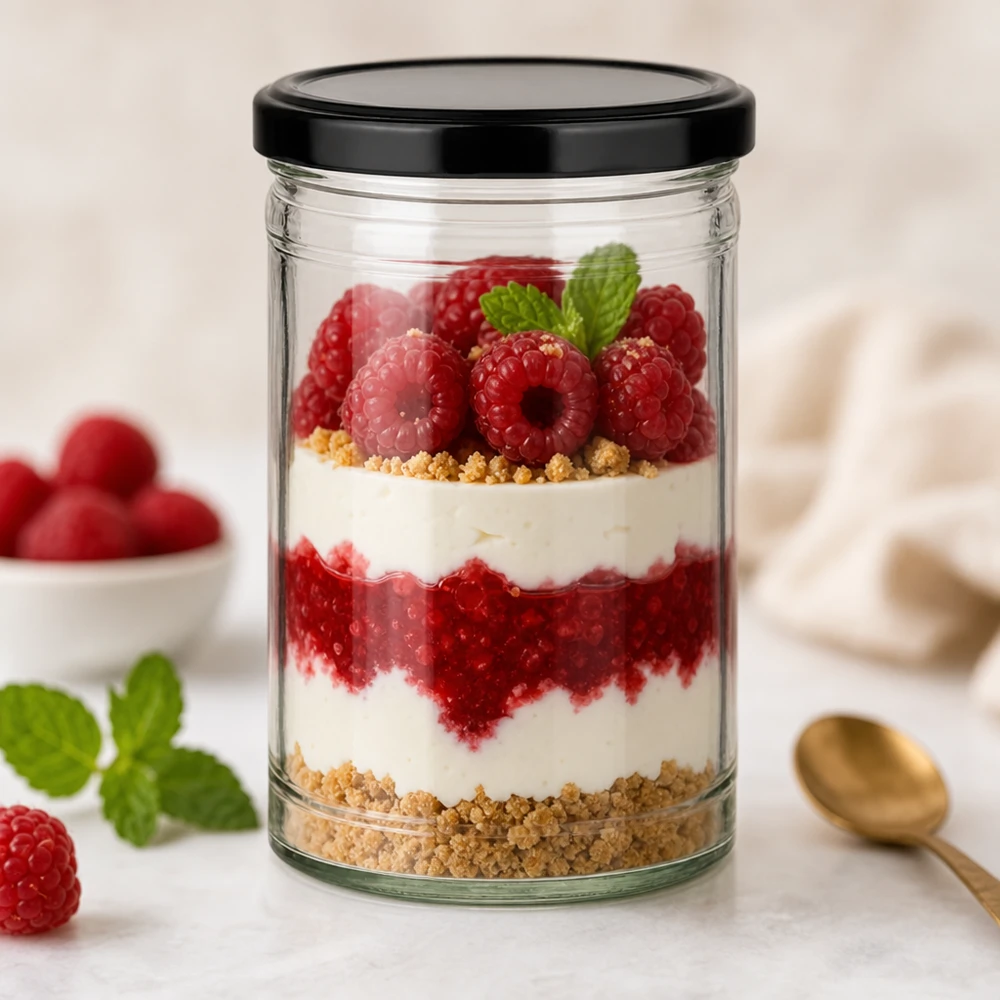 1053ml Krossade glasögon med BasicSeal-lock svart UNiTWIST 1053ml Sturzglas mit schwarzem Deckel als Dessertglas mit Himbeer-Schichtdessert und Keksboden dekoriert mit Minze