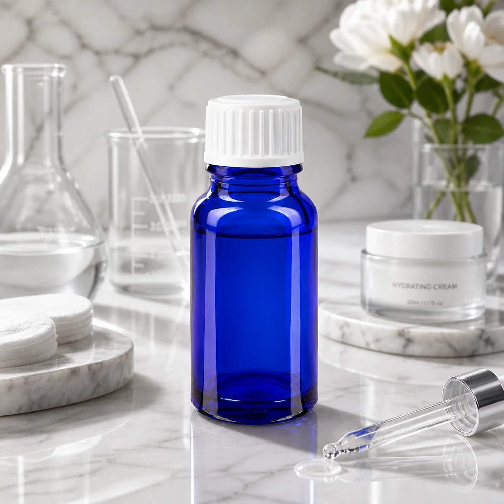 Apoteksflaska blå 10ml skruvkork vita globules standard Blå 10 ml apoteksflaska med barnsäker vit kork på marmorunderlag