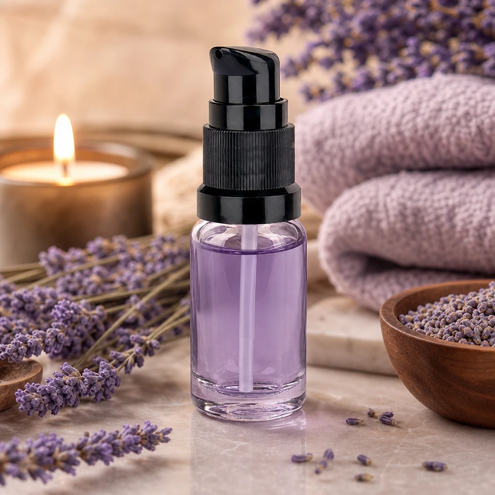 Kompakt 10 ml pumpflaska STD ClearLine UT18/10 med violett serum bland lavendelblommor